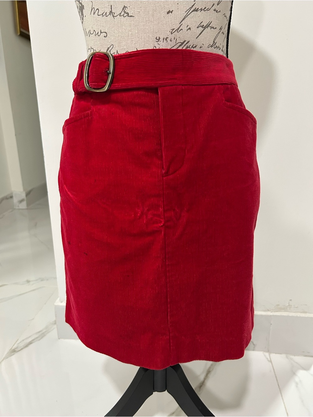 I.N.C Vintage Red Corduroy Belted Waist A-Line Silhouette Pencil Stretchy Skirt